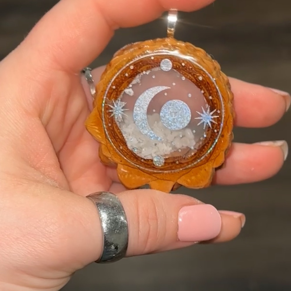 Silver Moon Detailed Pendant Hollow Pine Cone with Moonstone